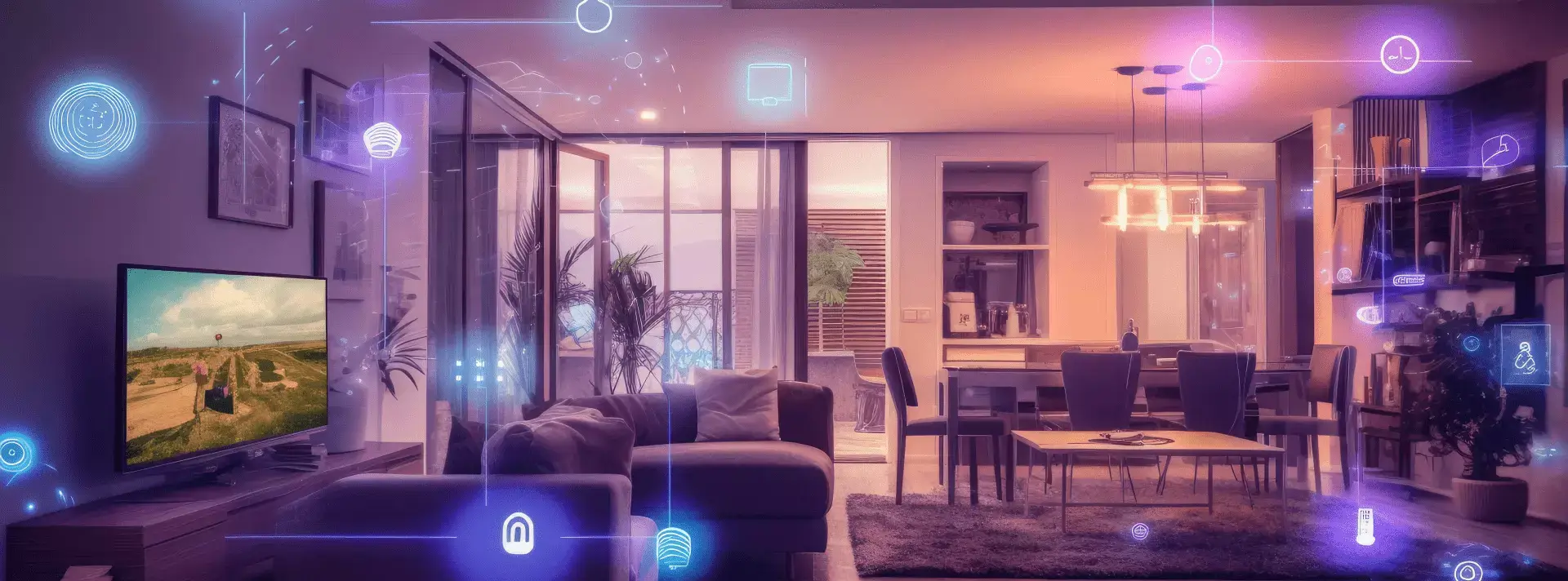 Τοίχος σαλονιού με τηλεόραση σε smart home.