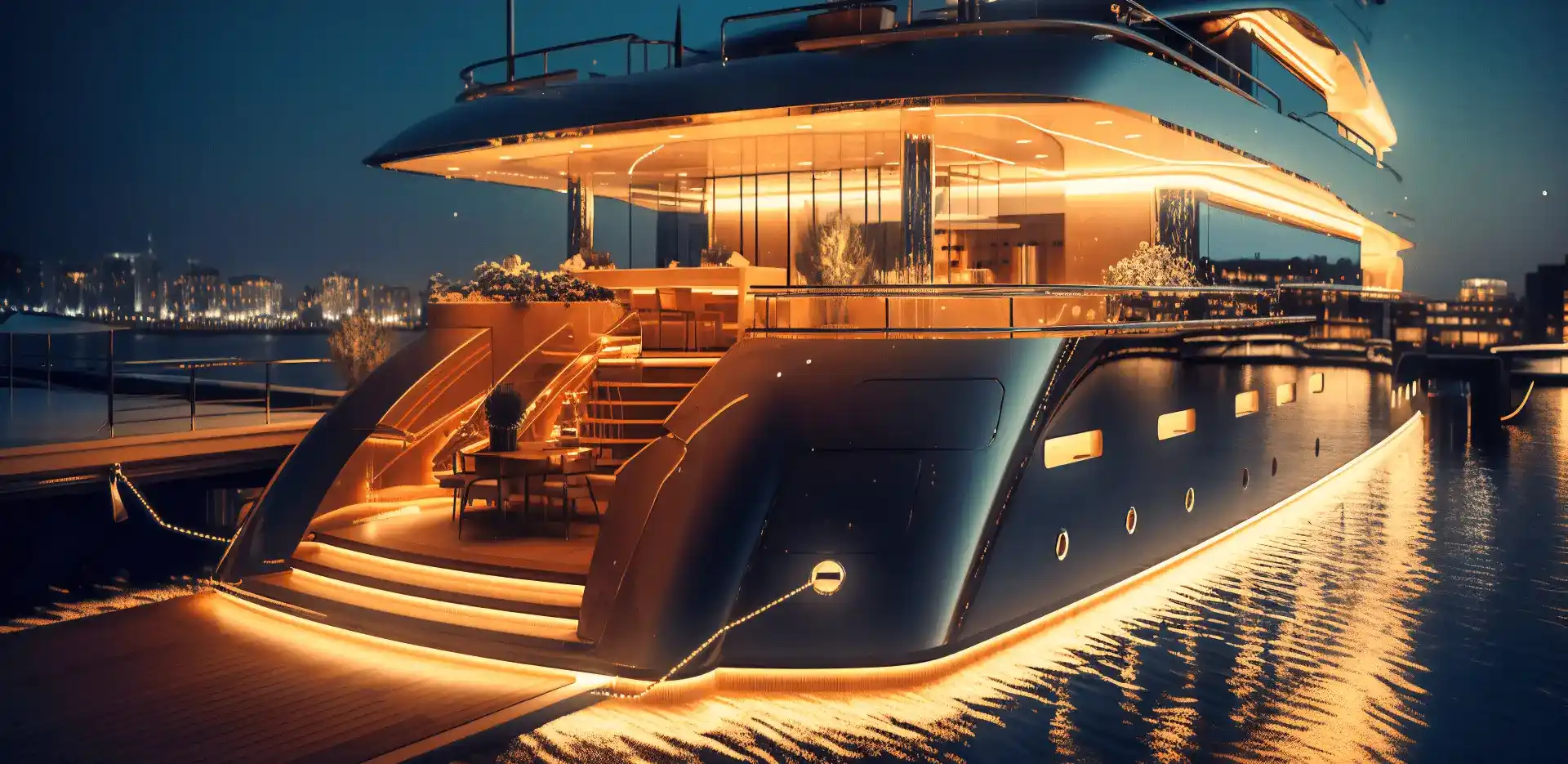 Ένα όμορφο φωτισμένο σκάφος μέσα στη θάλασσα σε νυχτερινό background.