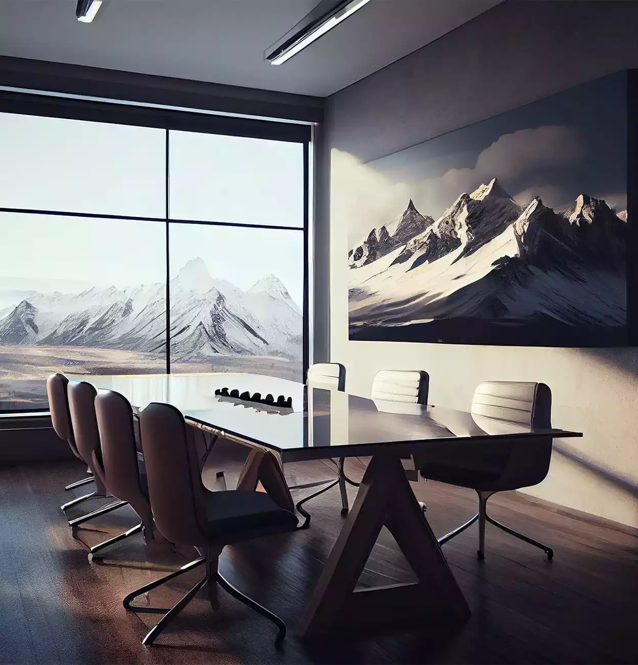 Μια εταιρική αίθουσα συνεδριάσεων με φόντο χιονισμένο βουνό από το παράθυρο.