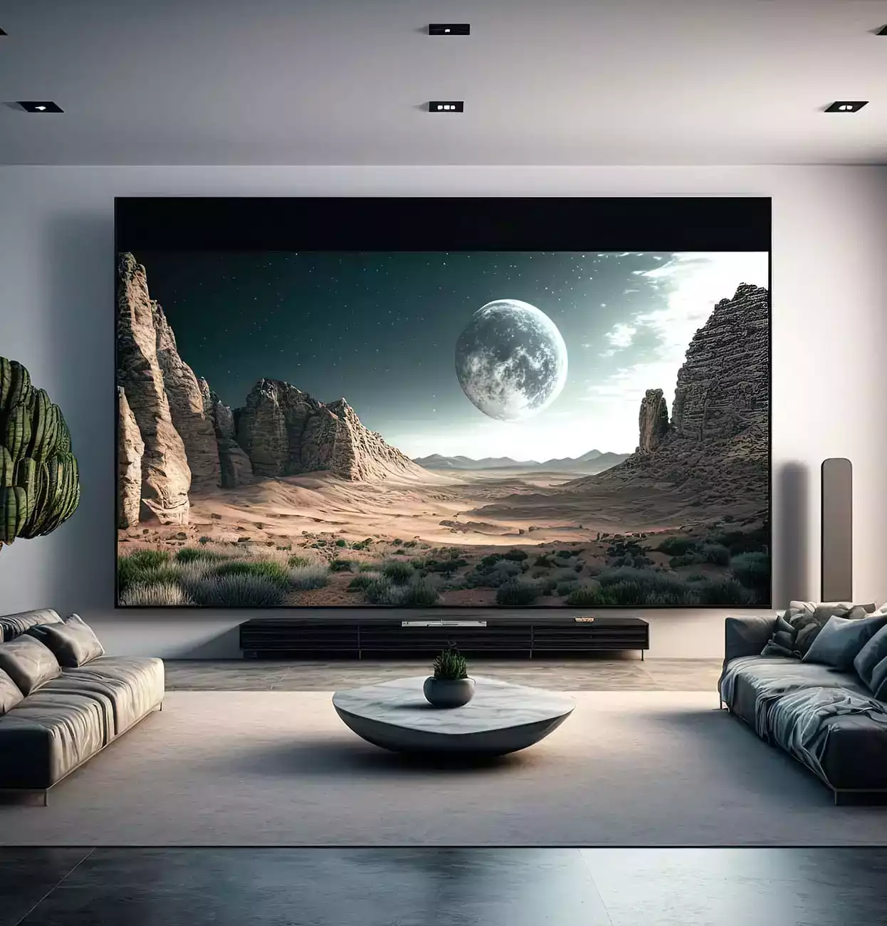 Μια τεράστια τηλεόραση στον τοίχο ενός σαλονιού σε σπίτι.