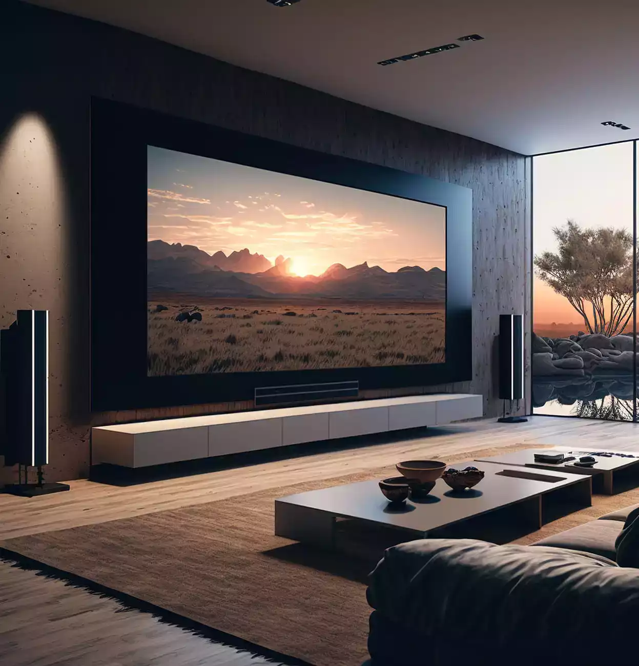 Μια τεράστια οθόνη τηλεόρασης στον τοίχο ενός σαλονιού και ηχεία δίπλα της, σε σπίτι.