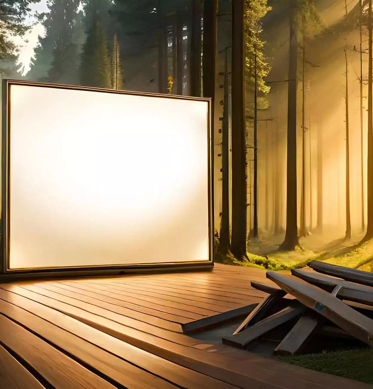 Ένα σουρεαλιστικό σκηνικό με μια μεγάλη οθόνη cinema μέσα σε ένα δάσος.