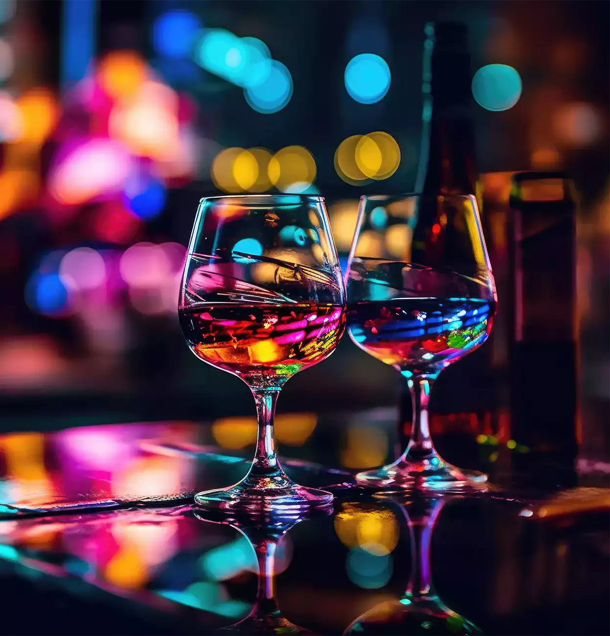 2 ποτήρια κρασιού πάνω σε ένα τραπέζι σε νυχτερινό background.