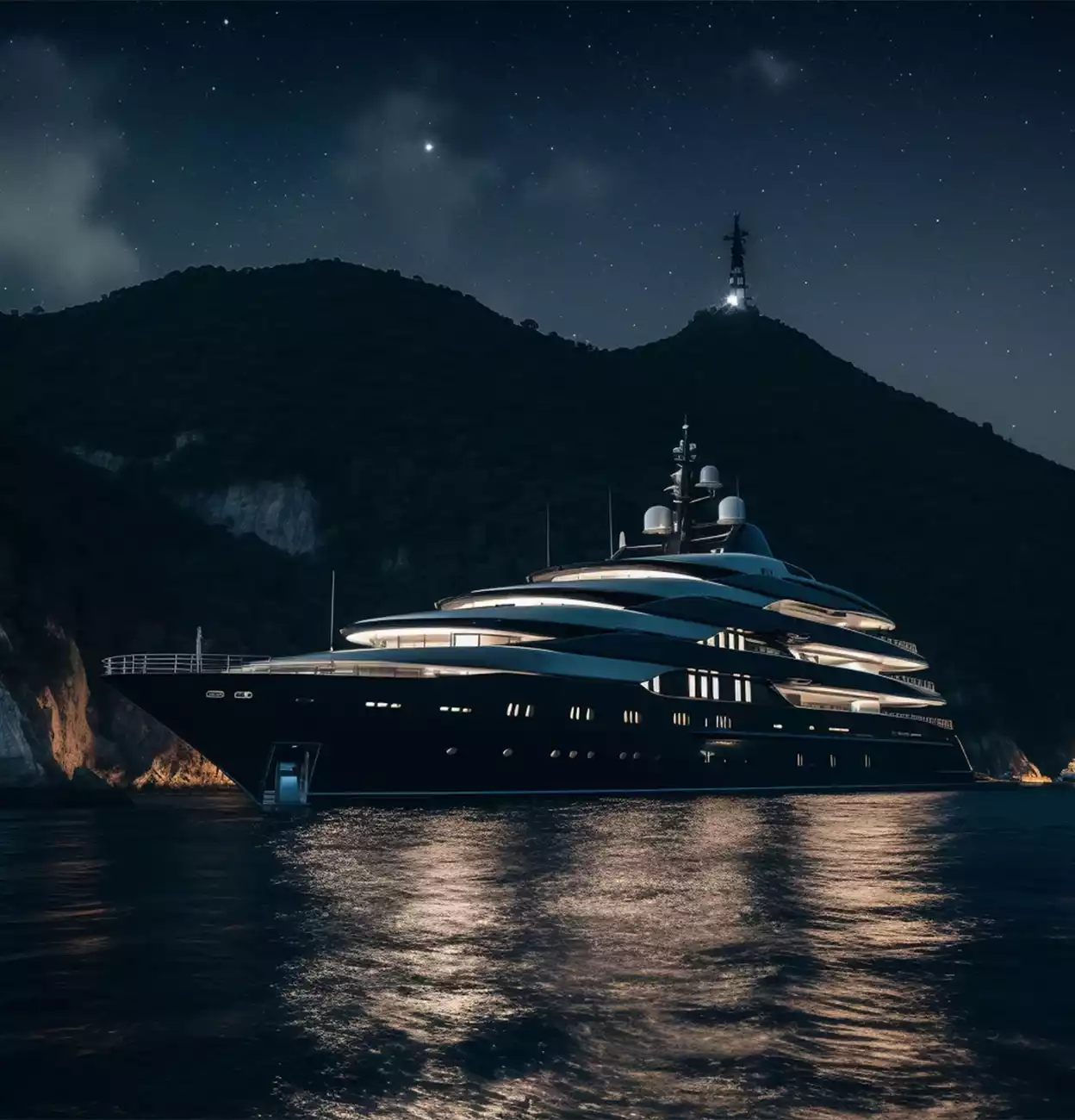 Ένα εντυπωσιακό super yachts στη θάλασσα σε νυχτερινό background
