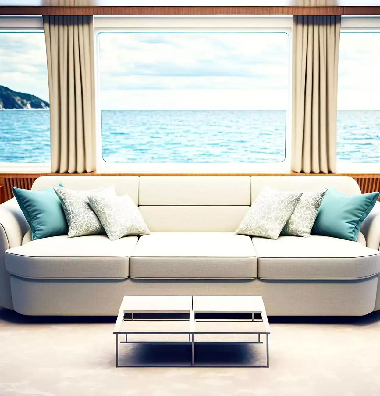 Ζαχαρί καναπές εσωτερικά, μπροστά σε παράθυρο σκάφους.