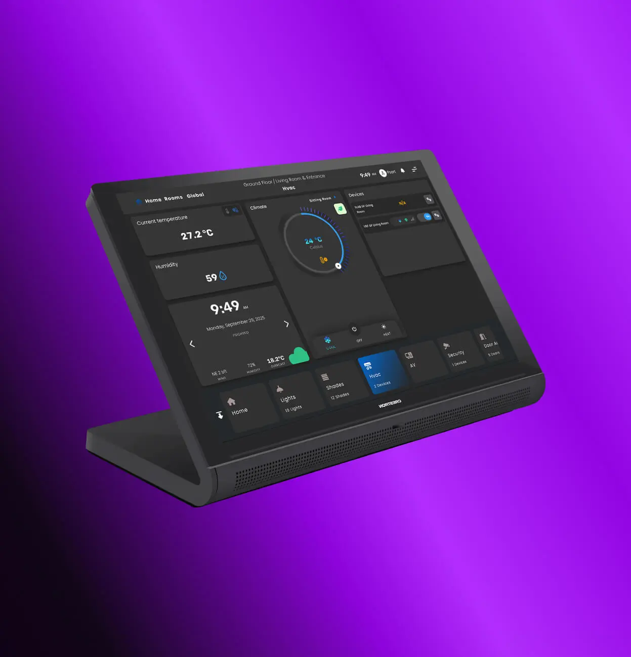 Μια τεράστια τηλεόραση στον τοίχο ενός σαλονιού σε σπίτι.